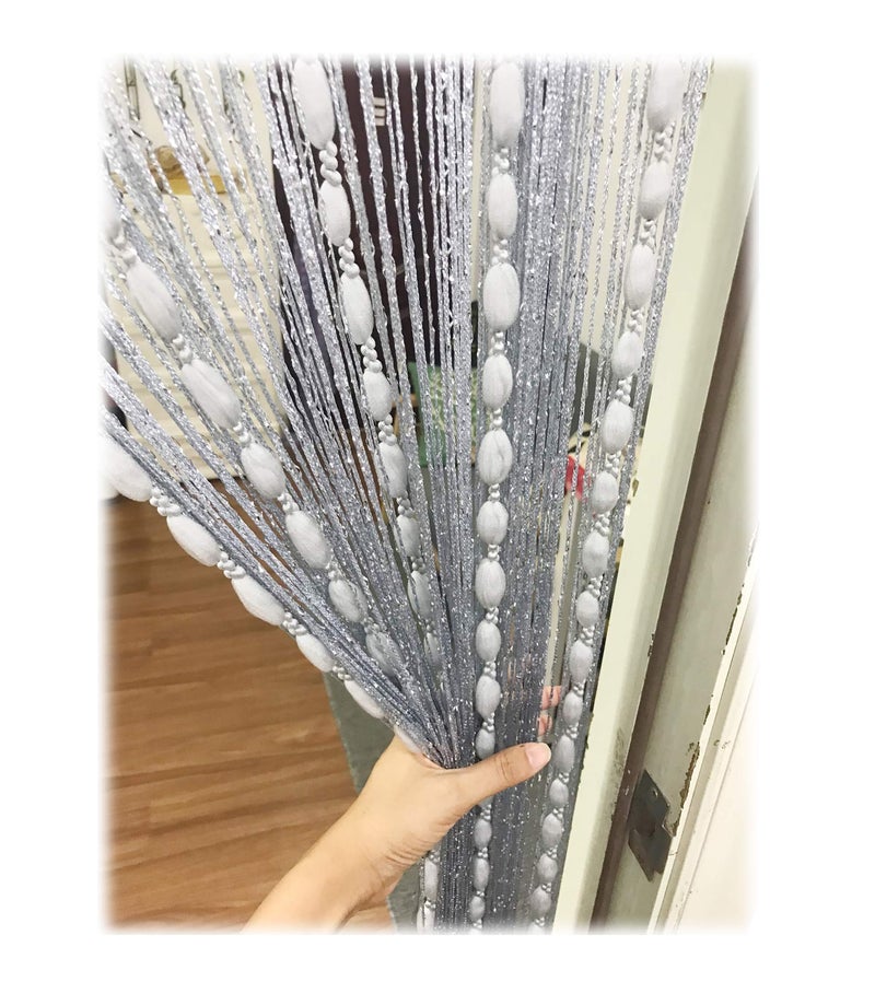 Eyotool Door String Curtain Flat Silver Ribbon Thread with Shaggy Tassel Room Divider, 39â€™â€™x79â€™â€™ (Grey-style2) - Image 1